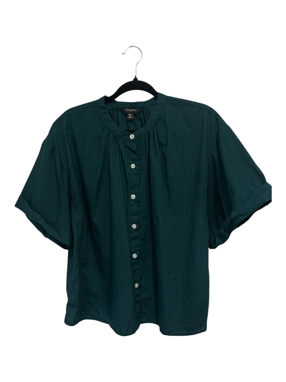 Banana Republic Shadow Stripe Dark Green Short-Sleeve Button Front Blouse
